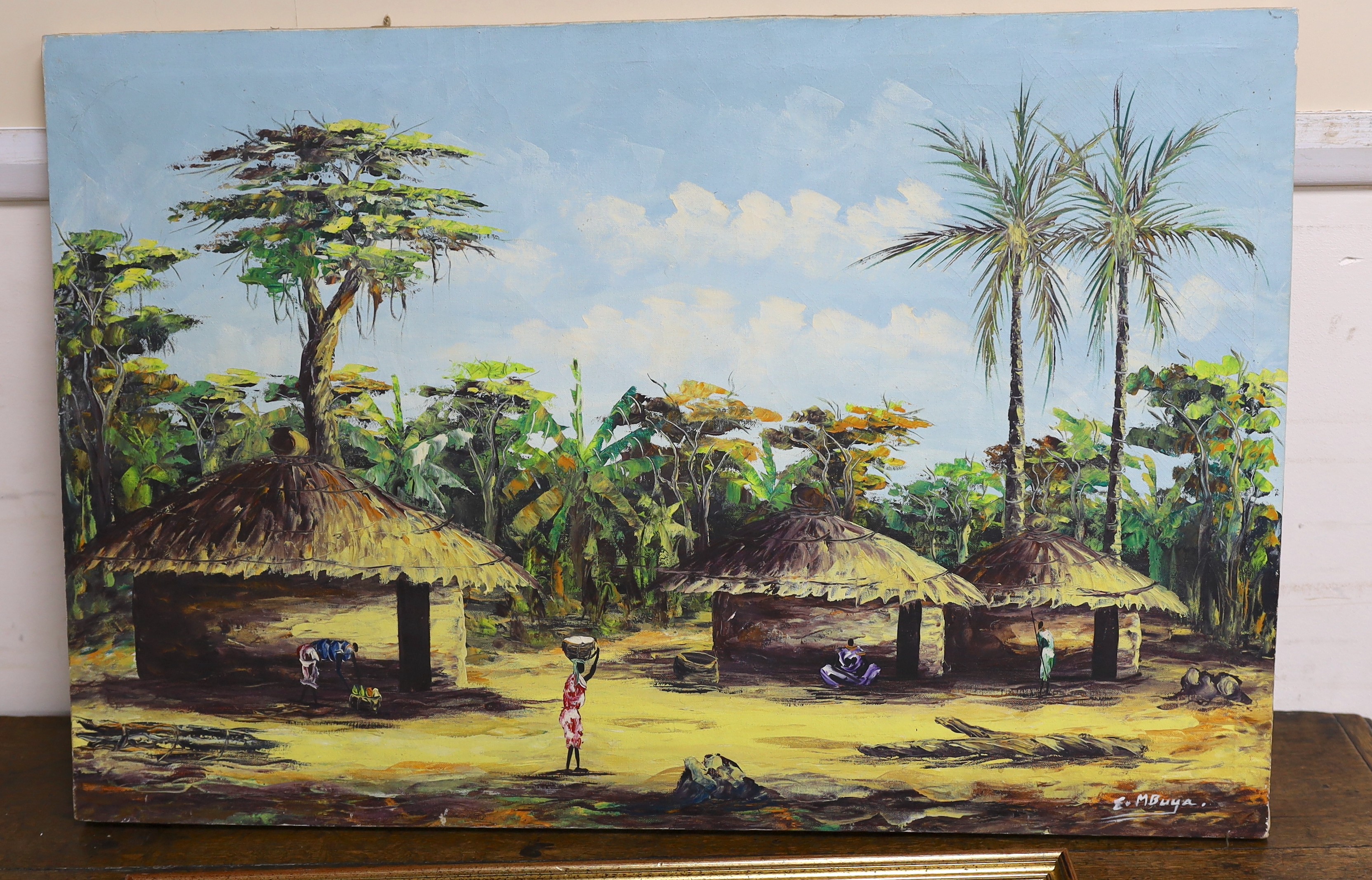 E.MBuya, oil on canvas, Village scene, signed, 47 x 71cm, unframed